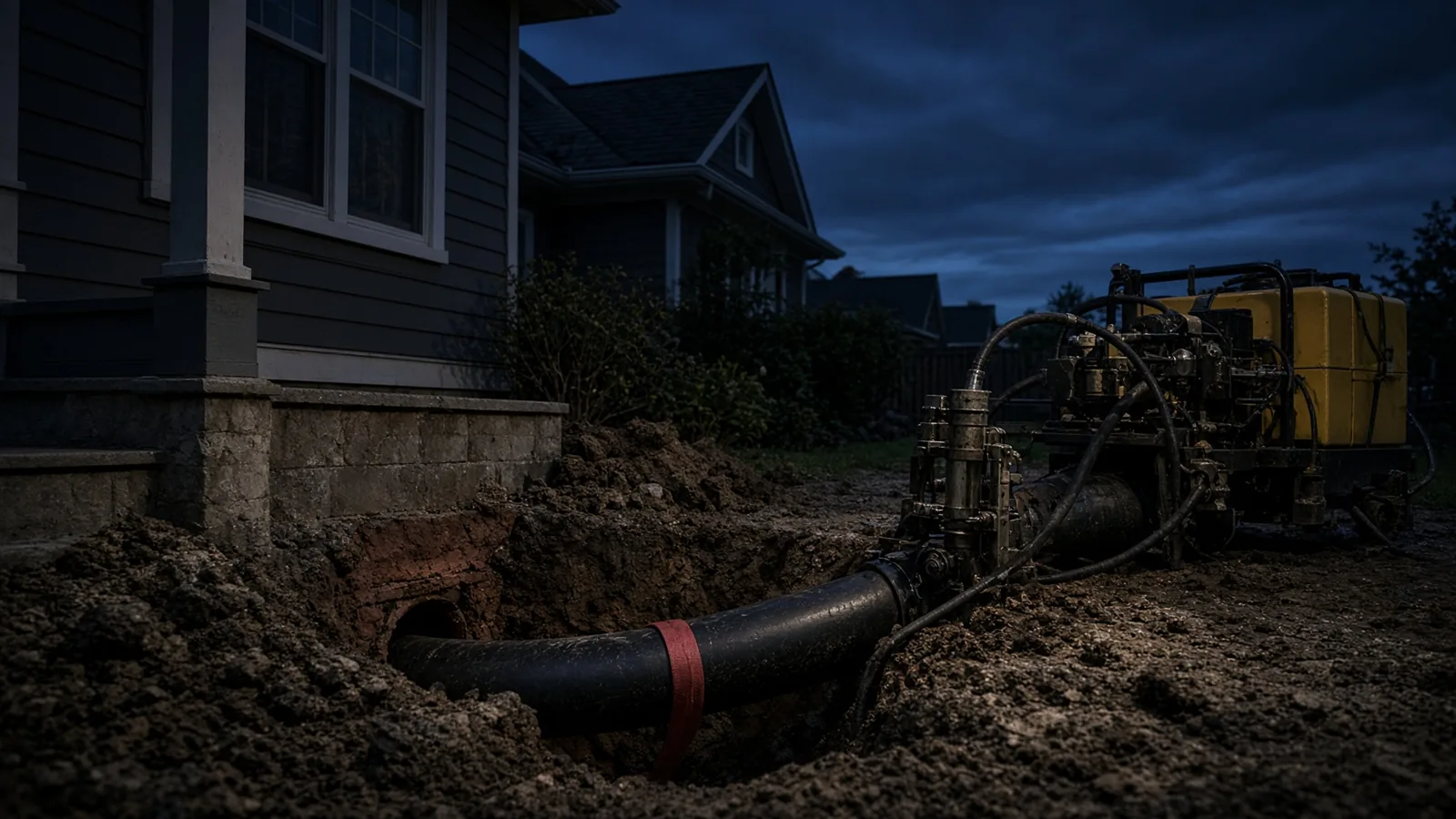 Trenchless sewer replacement equipment beside an excavated access pit